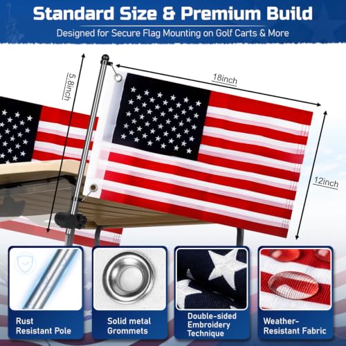 Golf Cart Flag Holder Mount Kit with USA Flag - 15.7 Inch Flag Pole 2 Pack