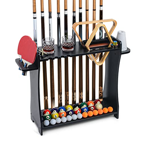 Wooden Pool Cue Rack Stand for 10 Cues & Billiard Accessories Storage