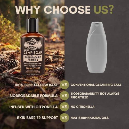 Nordic Citrus Biodegradable Camping Soap with Beef Tallow - 8.5 oz All-in-One Dish, Body & Hair Wash