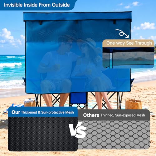 Blue Double Beach Chair with Canopy Shade, Cooler Bag & Cup Holders - Oversized Folding Loveseat for Camping & Beach