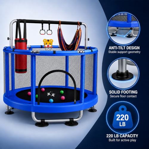 Kids Indoor & Outdoor Trampoline with Basketball & Accessories - Blue, Black