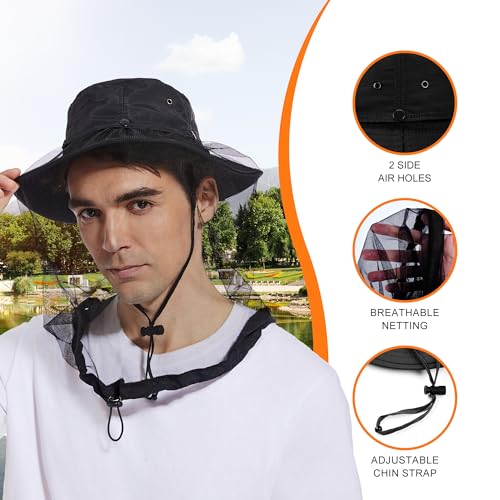 Sun Protection Mosquito Head Net Hat UPF 50+ for Men Women 7 1/2 Black