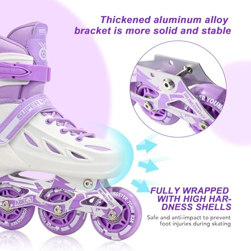 SUPER YOUNGSTER Adjustable Inline Skates for Kids Ages 4-12, Light-Up Wheels, White & Purple, Medium-Big Kid (1-4 US)