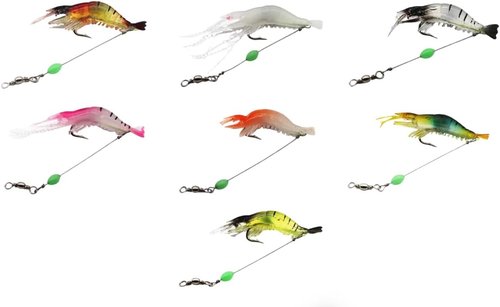 Lumobait 7-Pack Glow Shrimp Fishing Lures - Pre-Rigged Soft Saltwater Bait with Hooks & Beads for Halibut, Flounder, Rockfish, Lingcod