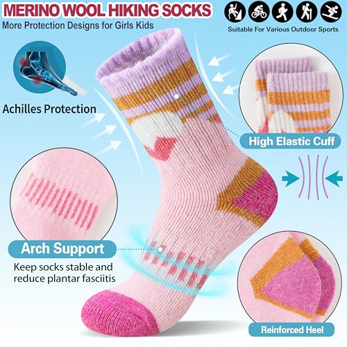 Kids Merino Wool Hiking Socks 8-12 Years Thermal Winter Cozy 6 Pairs - Sun Mixed