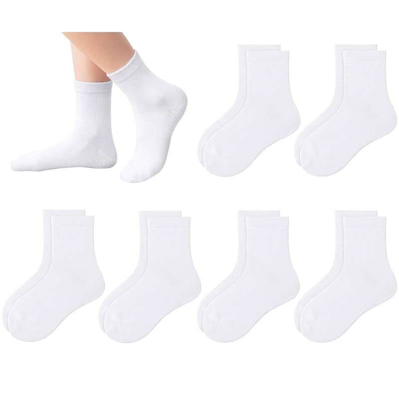 6 Pack Kids Crew Socks for School Uniforms - Soft Cotton Seamless Toe, White, Medium (A-White+Medium)