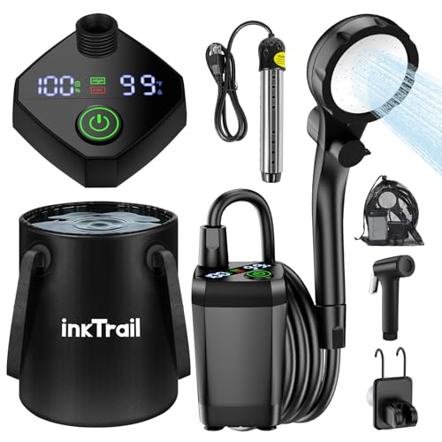 Portable Camping Shower with Heater & Bucket - Rechargeable 6000mAh