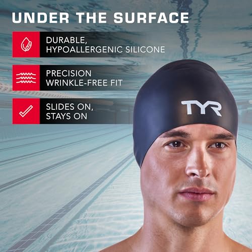 Silicone Swim Cap for Men and Women - Wrinkle-Free, Durable, Silver - TYR