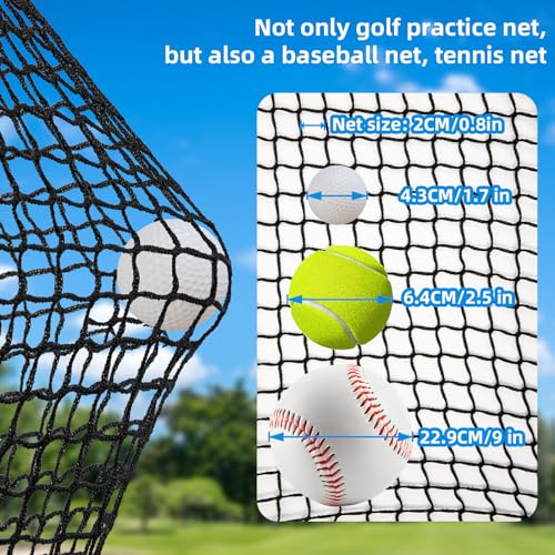 10x10x10ft Golf Practice Net with 12 Spring Snaps & 4 Carabiners - Heavy Duty Sports Barrier Netting for Indoor Outdoor Use