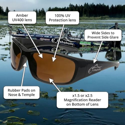 Fishoholic Polarized Bi-Focal Fishing Sunglasses - Black with 2.5x Magnification