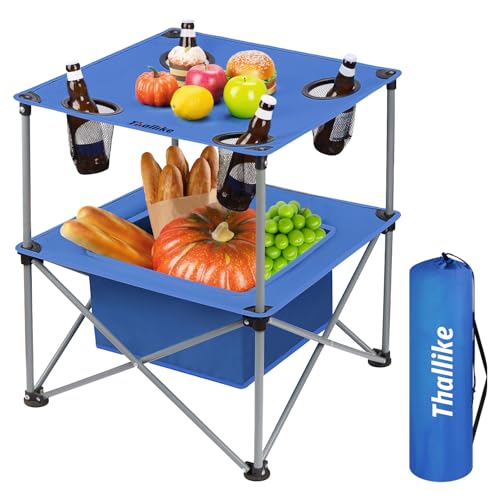 Blue Portable Folding Camping Table with 4 Cup Holders & Storage Case - Lightweight Outdoor Picnic & Tailgating Table
