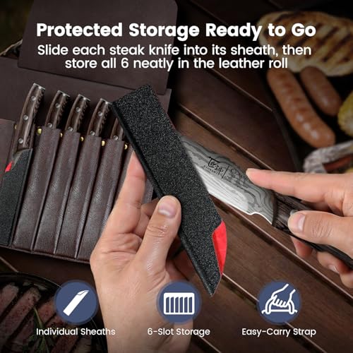 SYOKAMI Steak Knife Set of 6 - Portable Leather Roll & Sheaths, Non-Serrated Edges