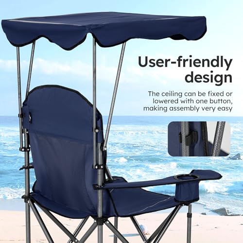 Heavy Duty Camping Chair with Canopy - Navy Blue 2-Pack, Adjustable Sunshade