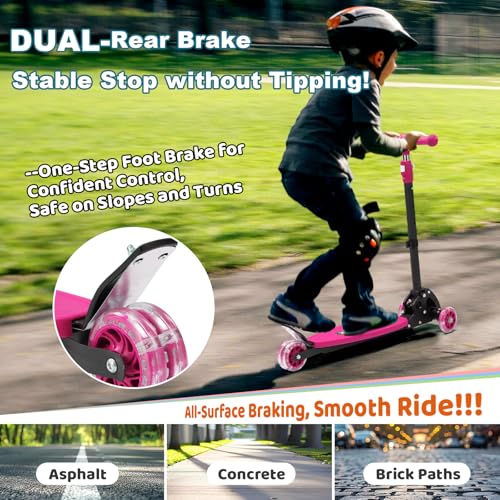 Kids Light-Up 3-Wheel Kick Scooter for Boys & Girls - Pink, Adjustable Handlebar, Foldable, Safe Ride for Ages 2-7