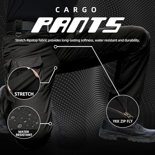 Men's Stretch Tactical Cargo Pants 34W x 32L Water-Resistant Ripstop Outdoor Pants - Black