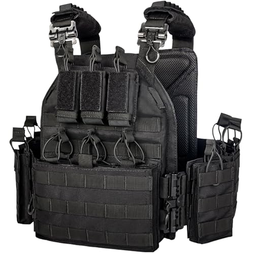 Tactical Outdoor Carrier Vest - Black, Adjustable, Padded MOLLE System