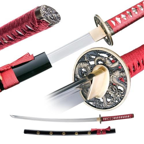 Red Handmade Samurai Katana Sword - Full Tang, Clay Tempered Spring Steel, Plum Blossom Design, for Practice & Collection