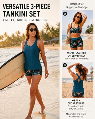 Women's 3 Piece Tankini Swimsuit with Tummy Control Boy Shorts - Large Green Floral