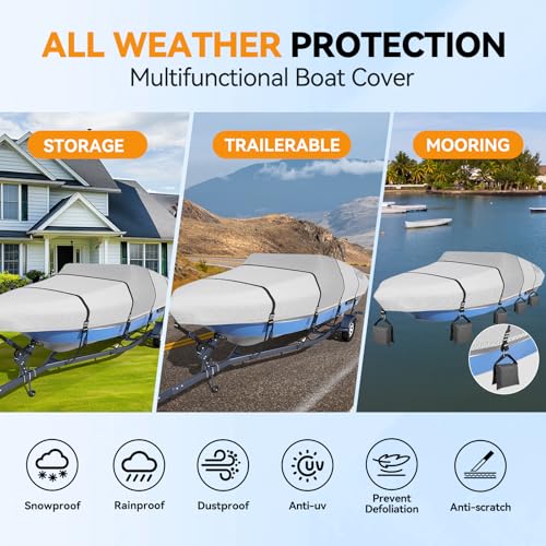 Tuszom Gray 14'-16' V-Hull Boat Cover with 2-Inch Reinforced Tie-Down Loops, Waterproof