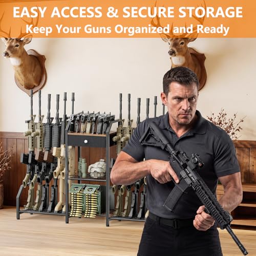 EnigmaSoul 12-Gun Double-Sided Tactical Indoor Gun Rack with Storage Drawer, Heavy Duty Metal Floor Stand for Rifles & Handguns