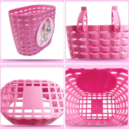 Girls Pink Bike Basket with Mermaid Pattern - Kids Bicycle Handlebar Storage