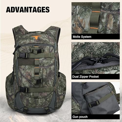 Forest Camo Hunting Backpack 40L with Rain Cover for Bow Rifle Gun - Large Capacity Tactical Day Pack