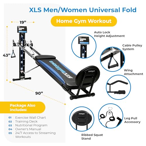 Total Gym XLS Home Workout Machine 19" W x 90" L x 43" H with Accessories, Black/Blue/Chrome