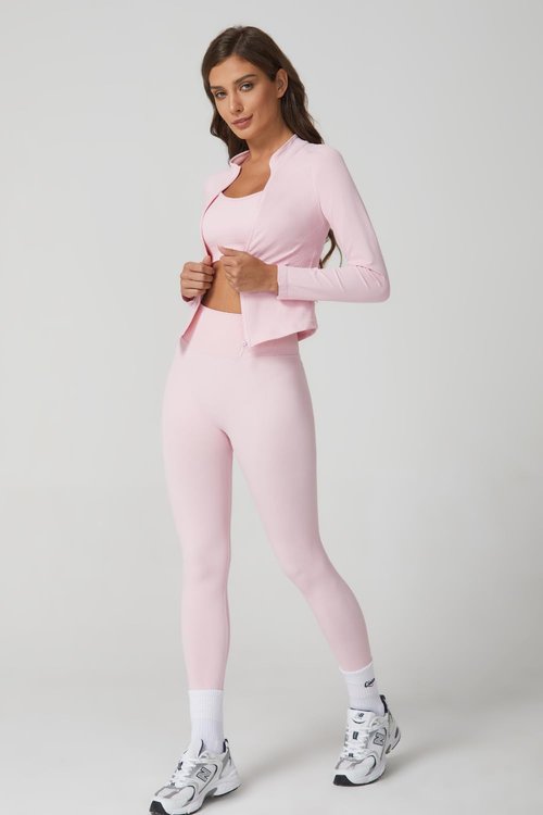 QINSEN Workout Set for Women Slim Fit Long Sleeve Athletic Tops High Waist Yoga Leggings Gym Sets Pink M
