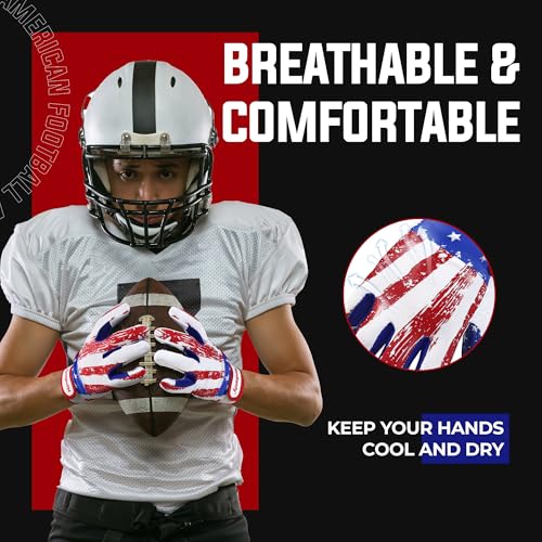 Youth Football Gloves for Boys and Girls - Sticky Wide Receiver Gloves, Blue Red, X-Small