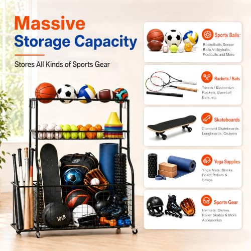Garage Sports Equipment Storage Rack with Wheels, Ball, Bat, and Toy Organizer