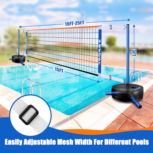 Blue Portable Pool Volleyball Net System with Water Volleyballs, Adjustable 15-25FT, Heavy Duty Base