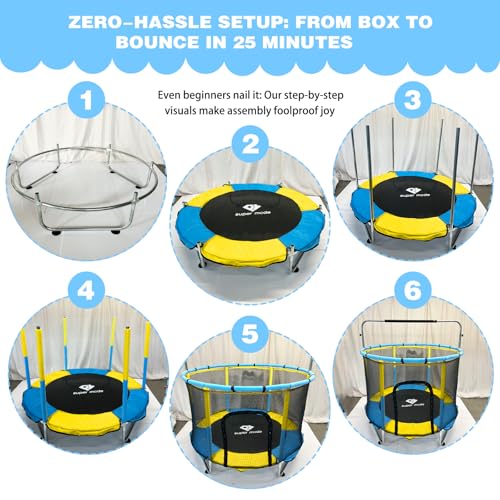 PY SUPER MODE 55-Inch Kids Indoor & Outdoor Trampoline with Enclosure, Adjustable Gymnastics Bar & Toys (Blue & Yellow, 55")