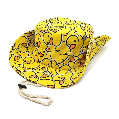 Sun Bucket Hat for Men Women - Yellow Duck Pattern, UV Protection, Foldable Cowboy Style