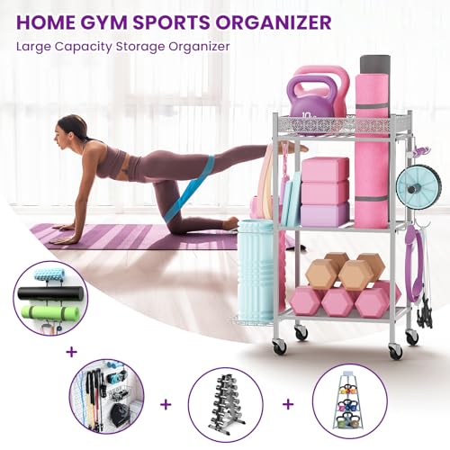VOPEAK Gray 3-Tier Yoga Mat Storage Rack with Wheels & Hooks for Home Gym