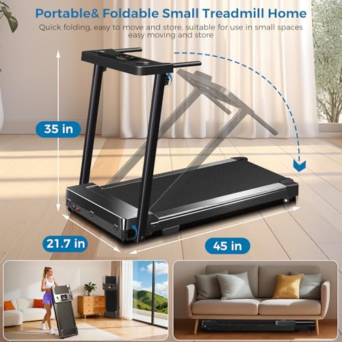 Black Portable Foldable Treadmill for Home with Handles - 300 lbs Capacity, Walking Pad, Lightweight & Compact