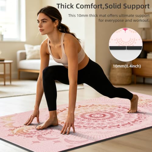 Pink 72x40 Inch Extra Thick Suede Yoga Mat - Non-Slip 10mm Cushion for Hot Yoga