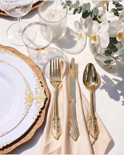 Nervure Gold Disposable Plastic Dinnerware Set for 50 Guests - 350 Pieces