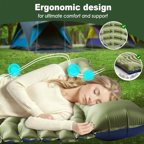 Olive Green Double Camping Sleeping Pad with Pillow & Built-in Foot Pump - 4 Inch Thick