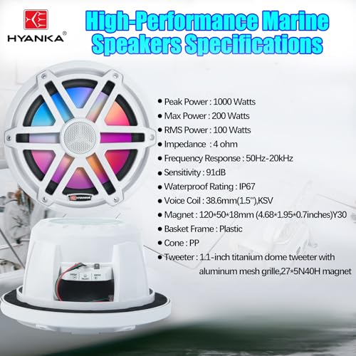 White 8 Inch Marine Waterproof Speakers with 7-Color LED - Pair, 1000W