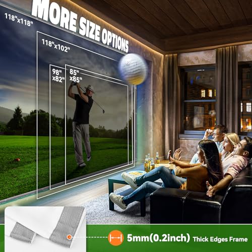 aikeec 7 ft x 7 ft Golf Impact Screen for Indoor & Garage Practice, Ultra Clear 5mm Thickened Golf Simulator Screen with Grommet Holes & Bungee Cords