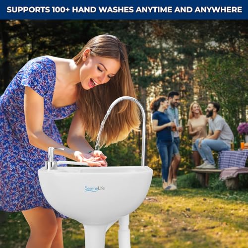 SereneLife 5 Gal Portable Hand Washing Station with Hands-Free Foot Pump, Soap Dispenser & Drain Hose