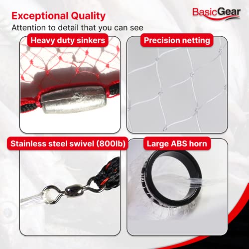 BasicGear 10ft Cast Net with 1/4 Inch Mesh and Lead Sinkers for Bait Fishing