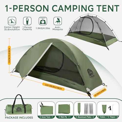 Green 1 Person Lightweight Waterproof Backpacking Tent for Solo Camping