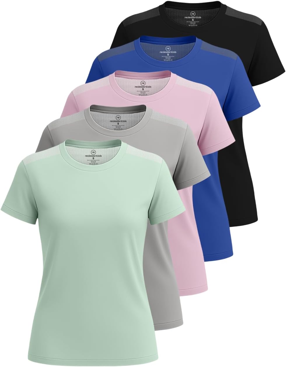 Real Essentials Women's Athletic T-Shirts - 5 Pack Short Sleeve Mesh Insert Activewear (Plus Size)