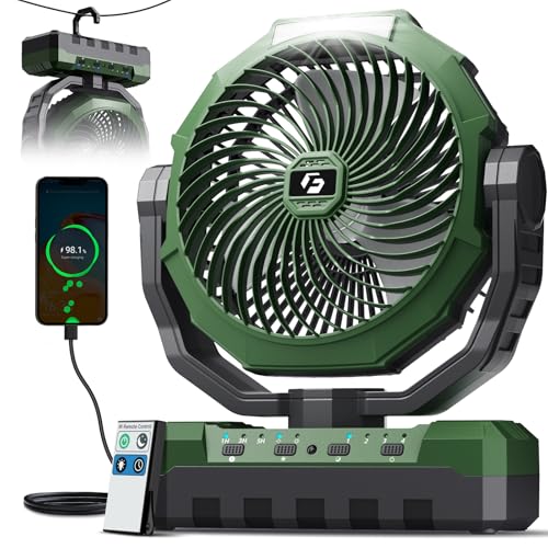 FRIZCOL 3-in-1 Portable Camping Fan with 48000mAh Battery, Light & Remote - Green