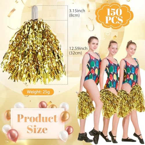 150 Pcs Gold Metallic Cheerleading Pom Poms with Handles for Sports & Events