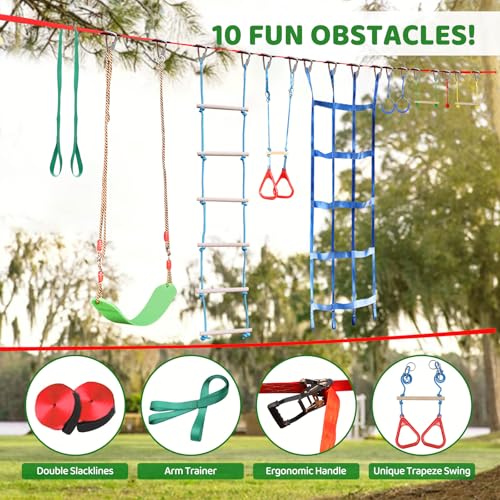 Dripex Ninja Warrior Obstacle Course for Kids Backyard 2x50FT Slackline Kit with 10 Accessories - Outdoor Climbing & Balance Play Set