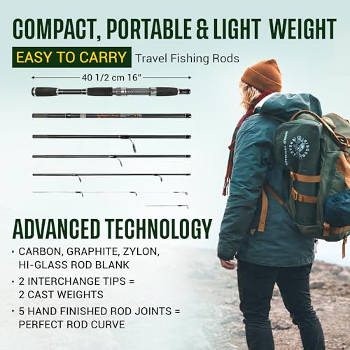 World Traveller Travel Fishing Rod & Reel Combo - Compact, Interchange Tips, Case