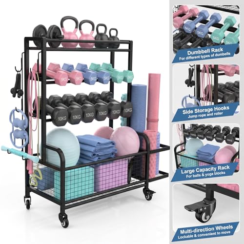 Dumbbell and Kettlebell Rack with Wheels - Home Gym Storage Organizer for Weights, Yoga Mats & Exercise Balls