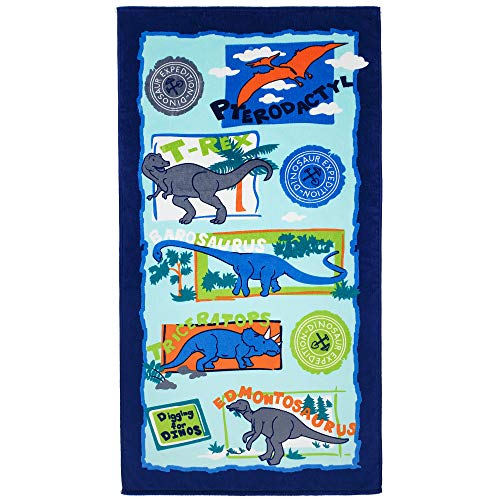 Dinosaur Beach Towel for Kids - Soft Cotton 28x51 Inches - Digging for Dinos Variation